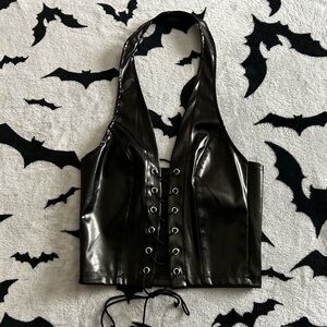 Black Lace-Up Faux Patent Leather Halter Top
